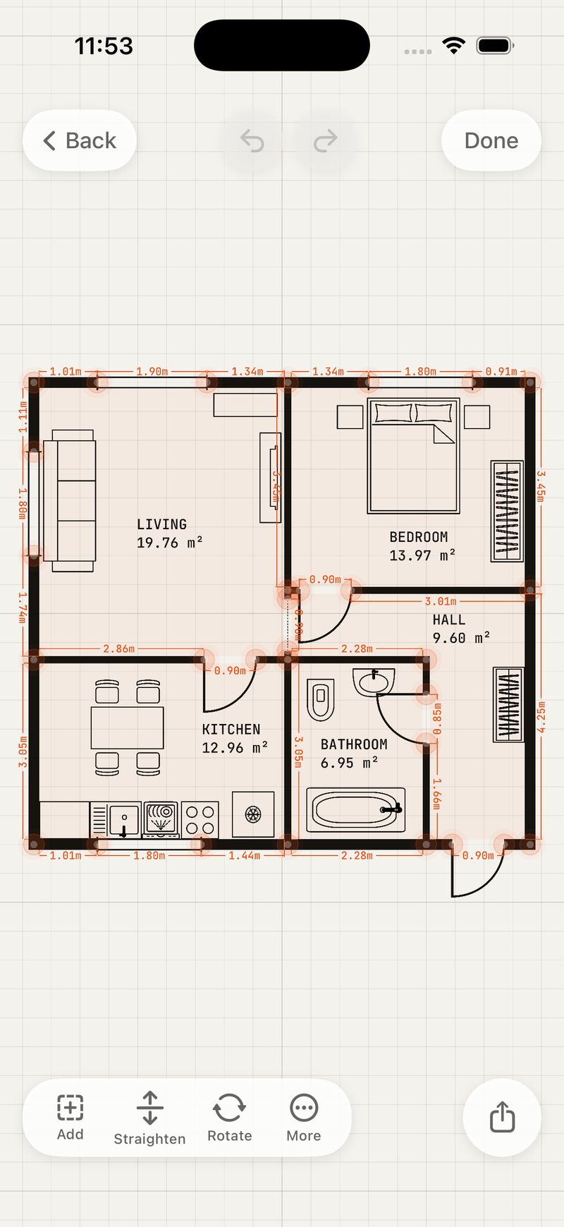 LidarRoom’s editable apartment plan with a living room, bedroom, kitchen, bathroom and hall.