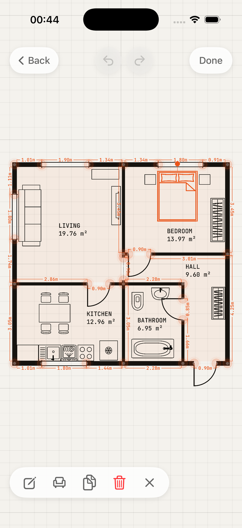 LidarRoom’s apartment plan with the bed selected in orange and compact furniture editing controls.